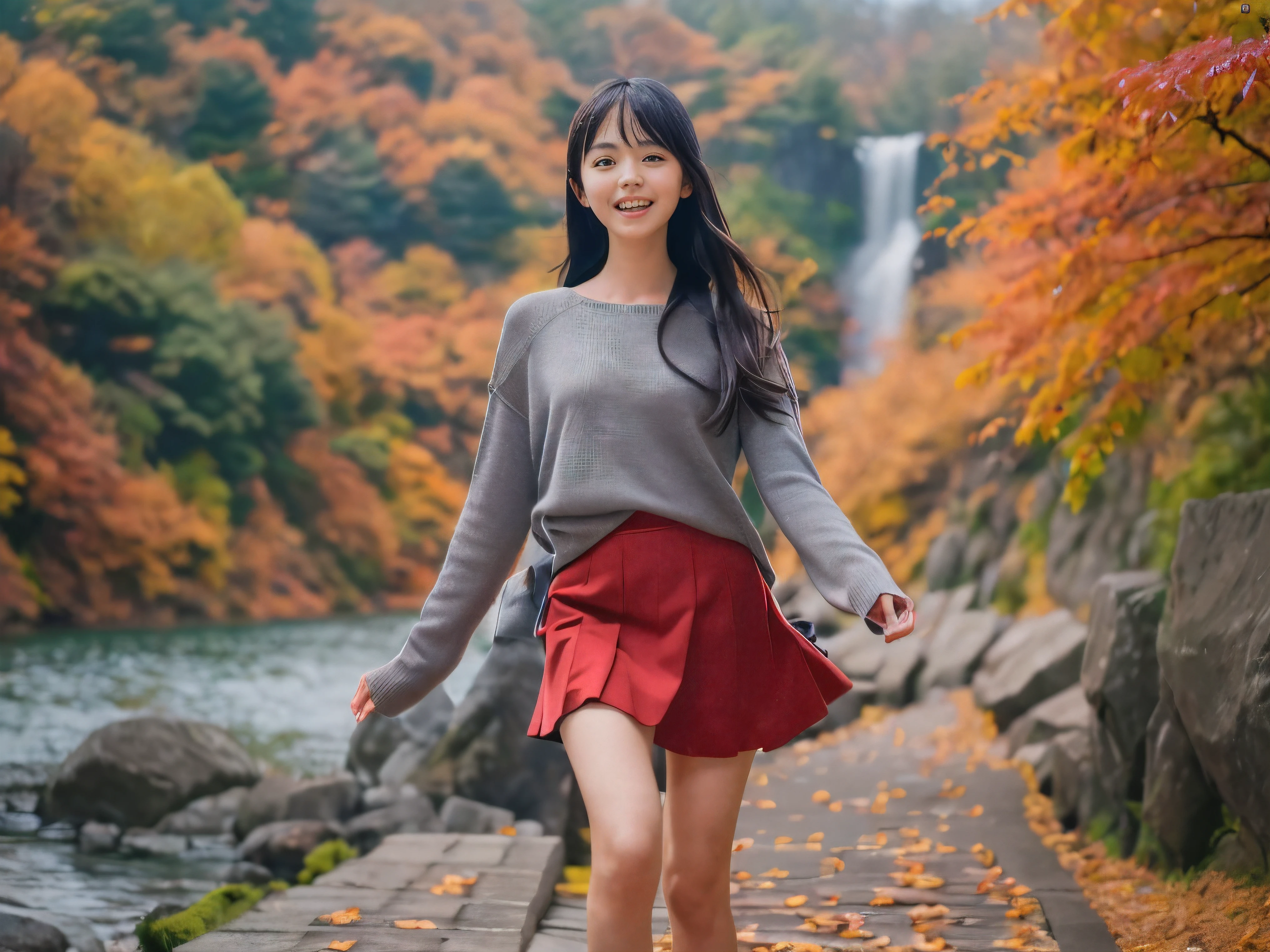 (Close up face shot of one slender small breasts dark silver long hair with swept bangs girl in a long sleeves shirt and sweater and skirt:1.5)、(One girl is dancing with happy smile on the dart road near the lake and big waterfall in Japan:1.5)、(Beautiful autumn red leaves landscape:1.5)、(Natural light:1.5)、(8k ultra detailed master piece:1.5)、(perfect anatomy:1.5)、(Photorealistic stick:1.5)、(Raw photo:1.3)、(highest quality:1.5)、(High resolution:1.3)、(Delicate and beautiful perfect face:1.3)、(Delicate and beautiful eye air skin:1.3)、(Real Human Skin:1.3)、((thin legs))