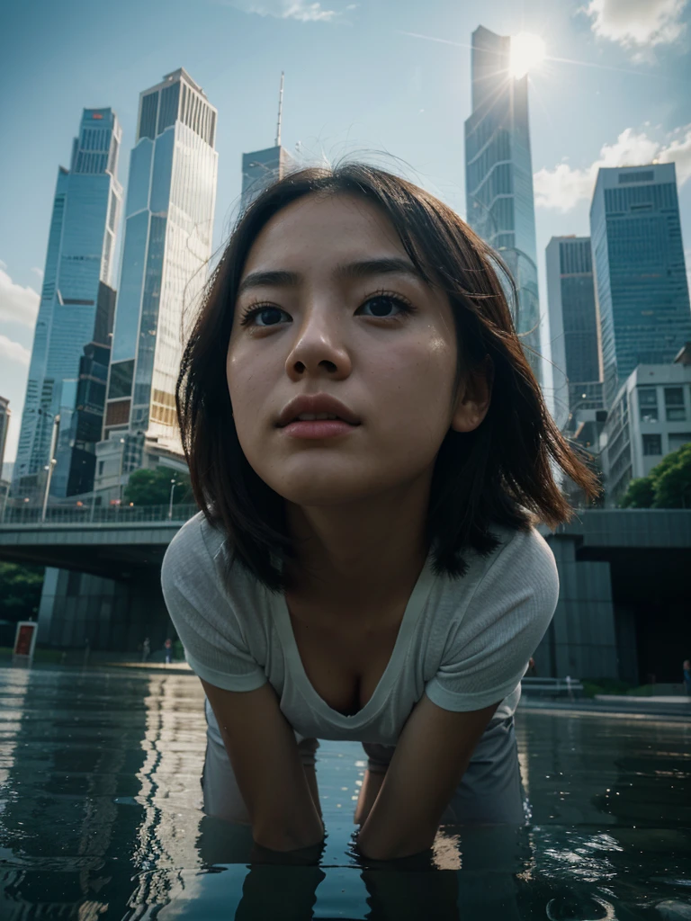 (Low Angle Shot, from below), 1 Korean girl in casual clothes, In the city, shooting skyscrapers from a low angle captures the reflection of sunlight on the surface of the building and the silhouette of the tall buildings against the blue sky, showing the splendor of the city, charming chiaroscuro, dynamic movement, (special effects: 0.1), full body, award-winning, cinematic stills, emotional, sketch, dynamic, vivid, (masterpiece, top quality, photorealistic, Professional, perfect composition, very aesthetic, unreasonable details, very detailed and intricate