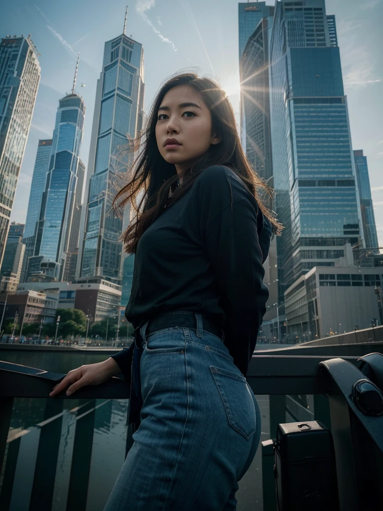 (Low Angle Shot, from below), 1 Korean girl in casual clothes, In the city, shooting skyscrapers from a low angle captures the reflection of sunlight on the surface of the building and the silhouette of the tall buildings against the blue sky, showing the splendor of the city, charming chiaroscuro, dynamic movement, (special effects: 0.1), full body, award-winning, cinematic stills, emotional, sketch, dynamic, vivid, (masterpiece, top quality, photorealistic, Professional, perfect composition, very aesthetic, unreasonable details, very detailed and intricate