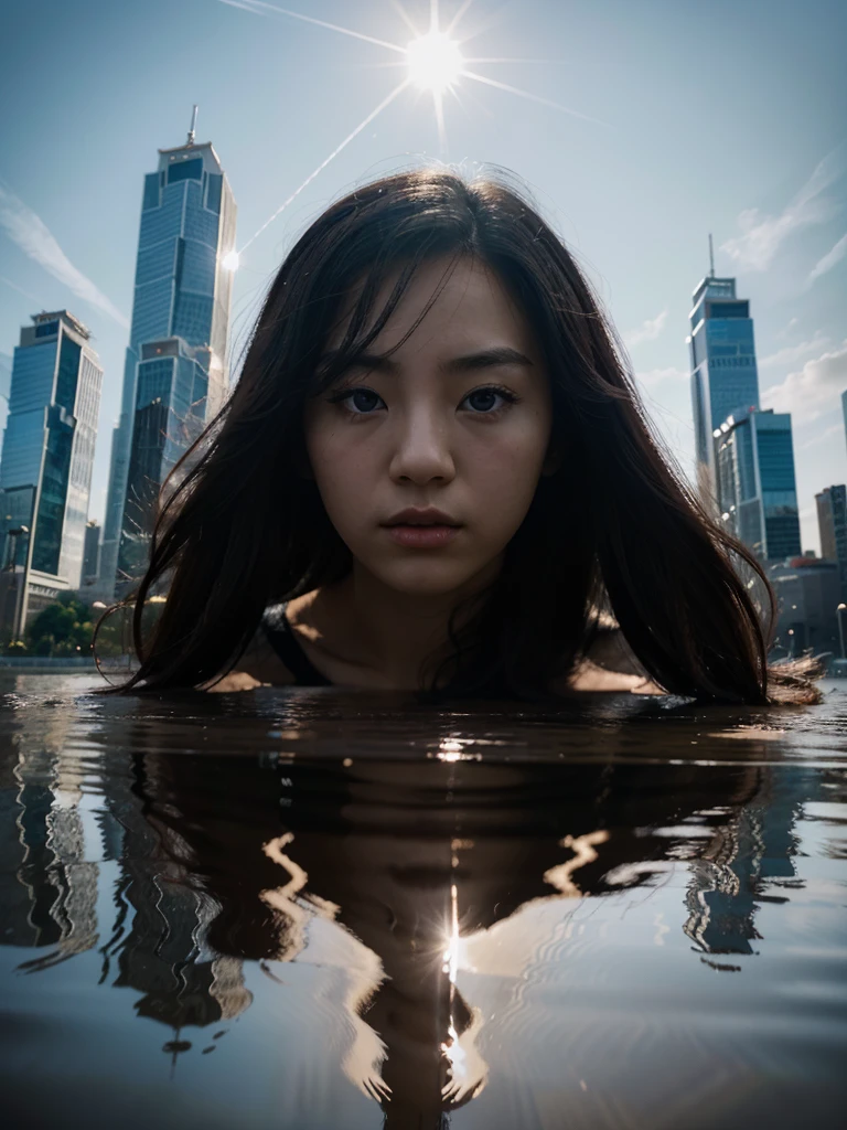 (Low Angle Shot, from below), 1 Korean girl in casual clothes, In the city, shooting skyscrapers from a low angle captures the reflection of sunlight on the surface of the building and the silhouette of the tall buildings against the blue sky, showing the splendor of the city, charming chiaroscuro, dynamic movement, (special effects: 0.1), full body, award-winning, cinematic stills, emotional, sketch, dynamic, vivid, (masterpiece, top quality, photorealistic, Professional, perfect composition, very aesthetic, unreasonable details, very detailed and intricate