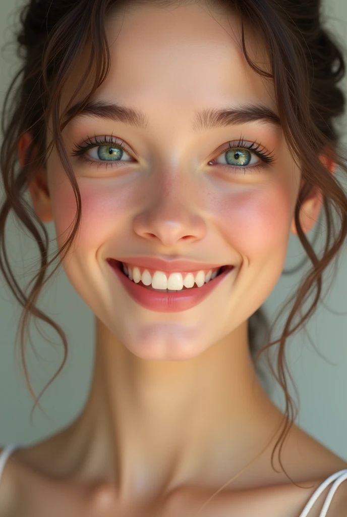 can you generate me a natural woman's face without make-up: fine nose, soft and laughing look, green eyes, pretty smile