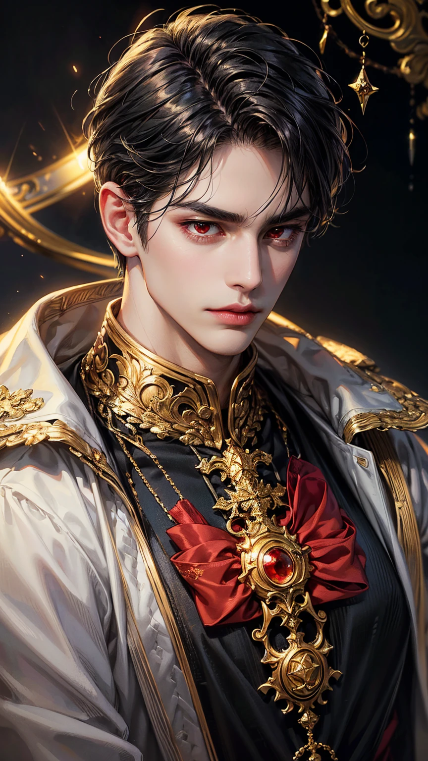 {(best quality, 8k, masterpiece, HDR, soft lighting, perfect image, digital illustration, manhwa art, hyper detailed image, perfect lines, realistic)} 1 very handsome man, short straight black hair with bangs covering his forehead, bright red eyes, clothes luxurious, black king clothing, regal, (imposing posture, cold expression), {(black background with golden sparkles)}