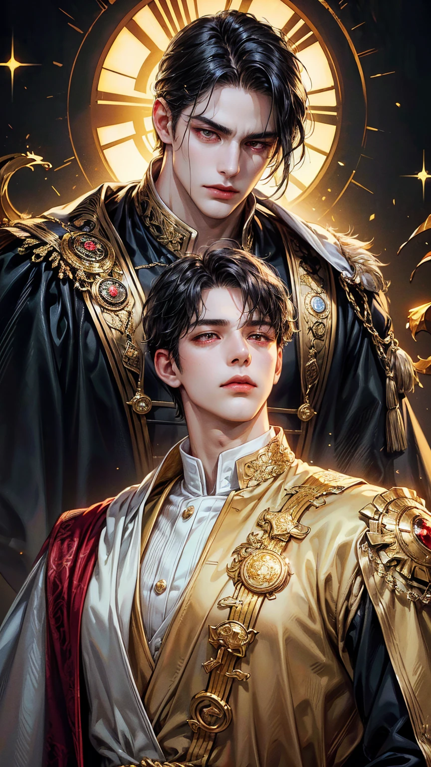 {(best quality, 8k, masterpiece, HDR, soft lighting, perfect image, digital illustration, manhwa art, hyper detailed image, perfect lines, realistic)} 1 very handsome man, short straight black hair with bangs covering his forehead, bright red eyes, clothes luxurious, black king clothing, regal, (imposing posture, cold expression), {(black background with golden sparkles)}