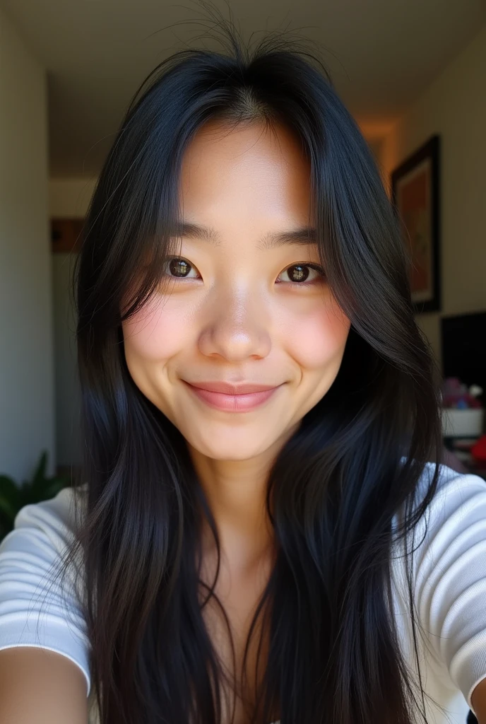 A young woman with long, straight black hair, Olive-toned skin and well-defined facial features take a casual close-up selfie in portrait mode with an iPhone 13. The image focuses on his face, capturing their natural expression, Slightly messy hair and subtle imperfections add to the realism. The lighting is soft and even, like natural light coming through a window, highlighting her warm skin tone and natural hair texture. The background is slightly blurred, but not too much, with visible details of a room that suggest a relaxed, everyday atmosphere. The overall feel of the photo is spontaneous and realistic., as if it had been taken quickly in a spontaneous moment with a smartphone.