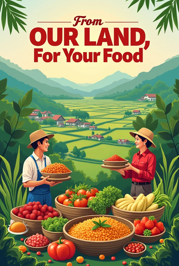 Poster with the theme of local food (Siantar/North Sumatra) with the words From Our Land, For Our Food (look simple but great to see and have people or like flag Indonesian)