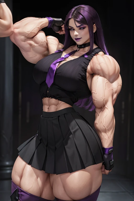 ((Close-up)), tall, (violet purple hair) beautiful muscular woman, long hair with long bangs, pale white skinned, closed smile, (black lipstick), (massive muscles), (hyper muscle), (ginormous bulky muscles), black eyes, (((sleeveless violet pleated shirt))), ((long black pleated skirt)), (fingerless gloves), necktie, boots, on a skyscraper, 