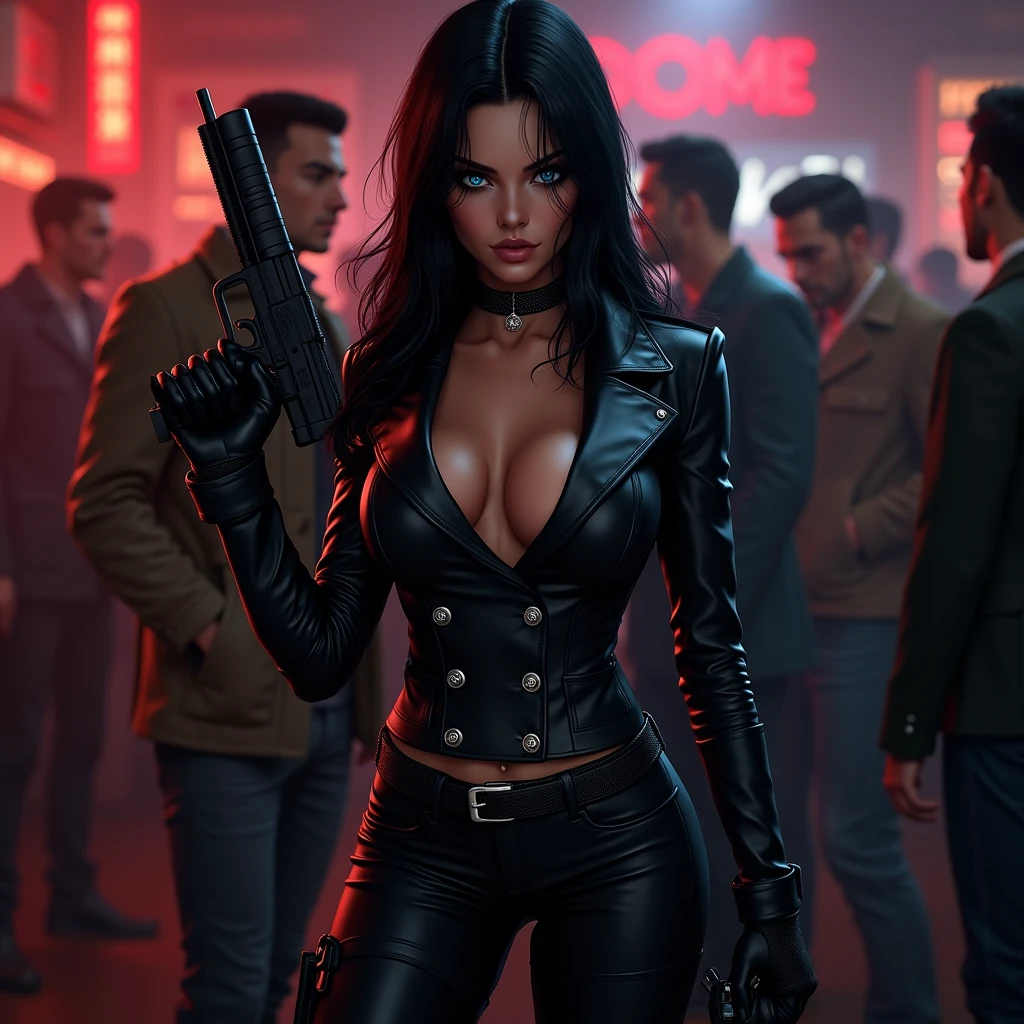 A beautiful woman with mesmerizing blue eyes, long, straight, jet-black hair, which falls in small waves, she is very beautiful, Wide hips, She wears tight black leather pants with a tight black leather double-breasted jacket, She has a machine gun in her hand which has black leather gloves. is in a bar full of men. With an intimidating and strong gaze, a gaze full of power, in a combat pose. megan fox. animated art