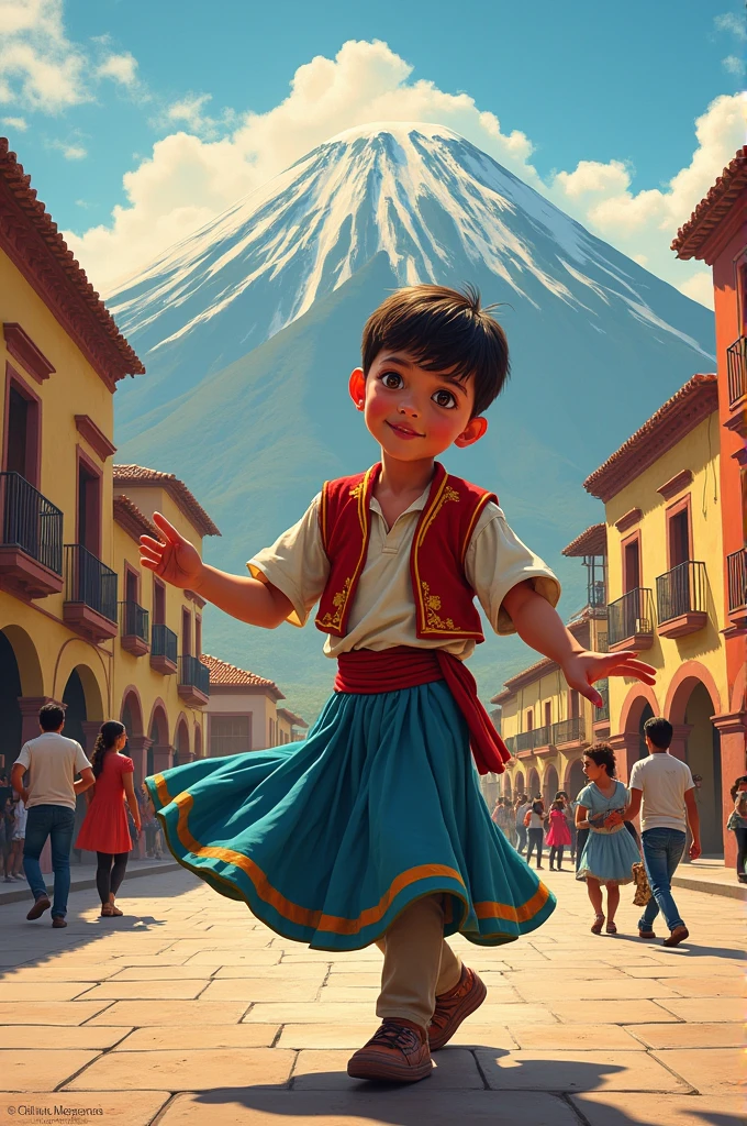 A drawing of a boy with light brown eyes dancing the folkloric dance of Arequipa with the main square behind and the Misti volcano in the middle with the sun illuminating it