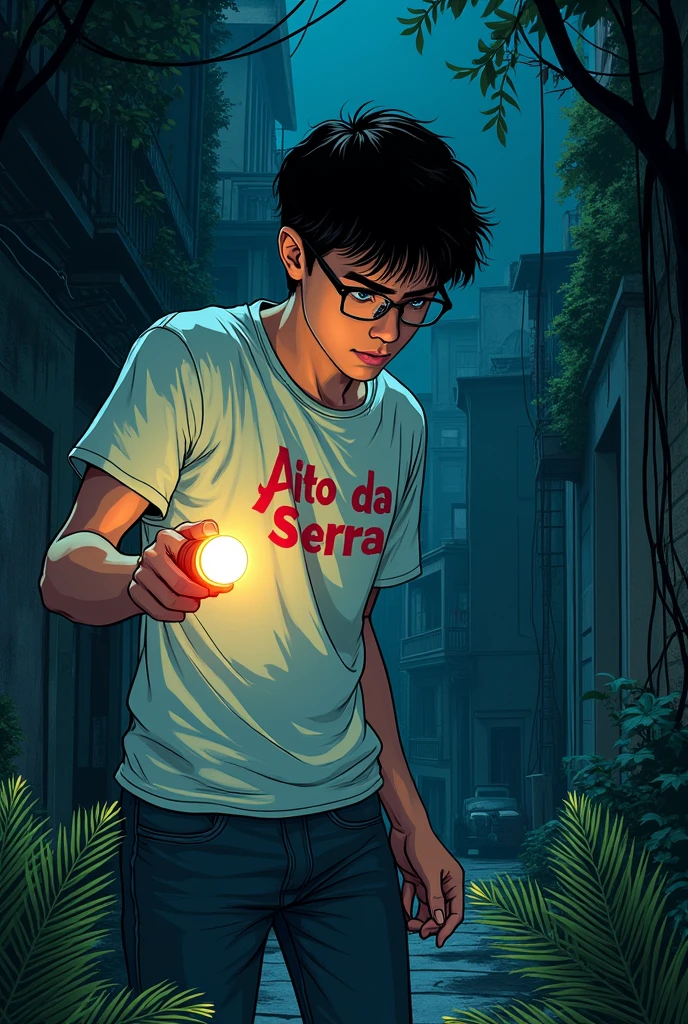 Comic book style image, Man 20 years old, black hair with honey brown eyes wearing glasses, slightly defined body a white shirt with Alto Da Serra written in red, holding a flashlight in his hand looking for something, de corpo inteiro, kind of dark academia style