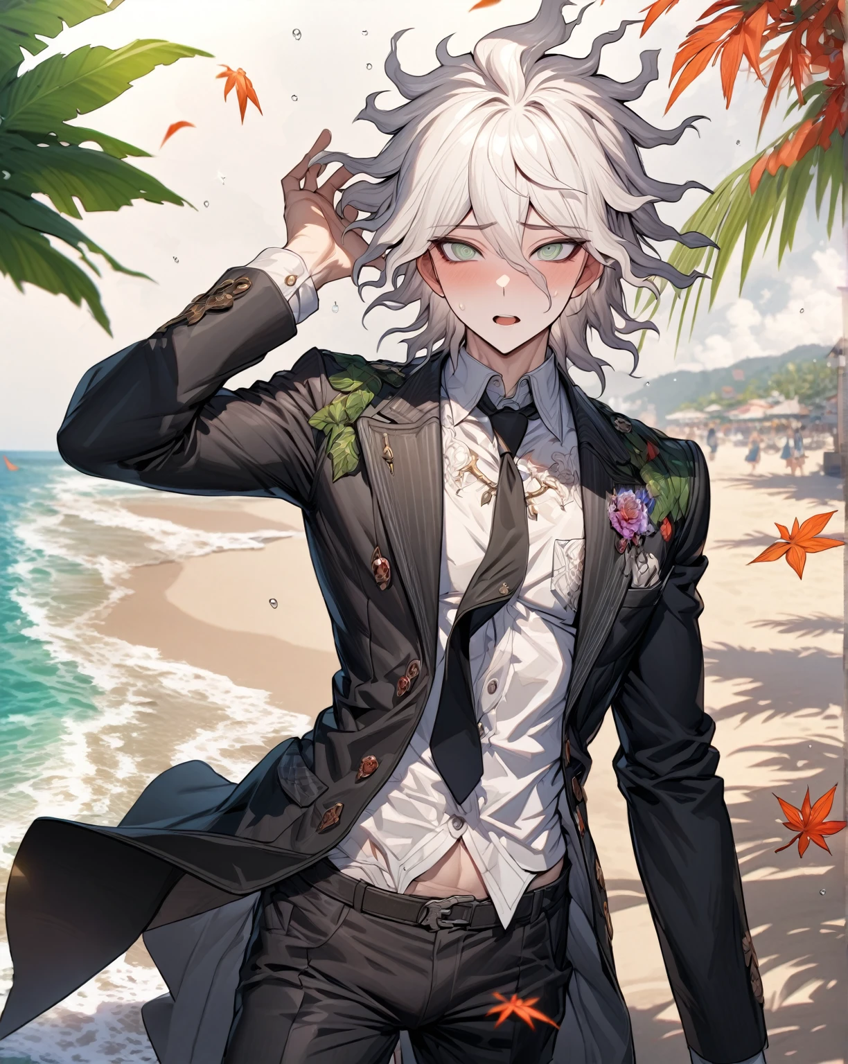 Ultra detailed, Highres, absurdres, HDR, master piece, Komaeda Nagito, white hair, expressive gray-green eyes, Danganronpa, sexy man, solo, black jacket, black necktie, black pants, white shirt, glittering, sensual, fantasy, manly man, horny, beach, sea, sand, orange leaves, seashells
