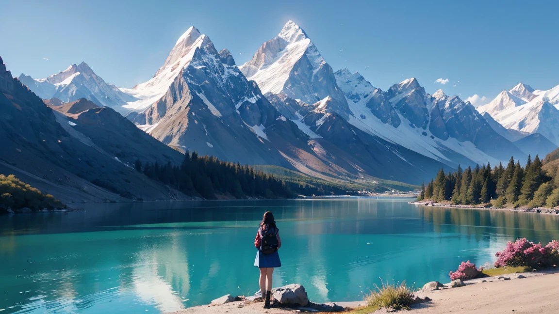the same person looking at some mountains and a beautiful lagoon