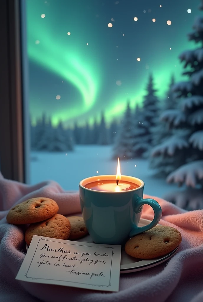 (photorealism:1.2), Cup of hot chocolate and cookies with a note that says in Spanish for Martha, a background of northern lights, lots of peace and tranquility 