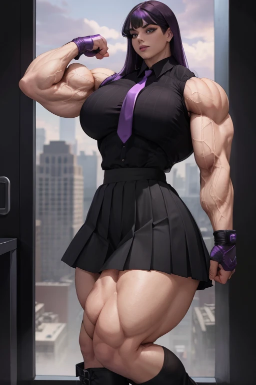 ((Close-up)), tall, (violet purple hair) beautiful muscular woman, long hair with long bangs, pale white skinned, closed smile, (black lipstick), (massive muscles), (hyper muscle), (ginormous bulky muscles), black eyes, (((sleeveless violet pleated shirt))), ((long black pleated skirt)), (fingerless gloves), (flexing biceps), necktie, boots, on a skyscraper,
