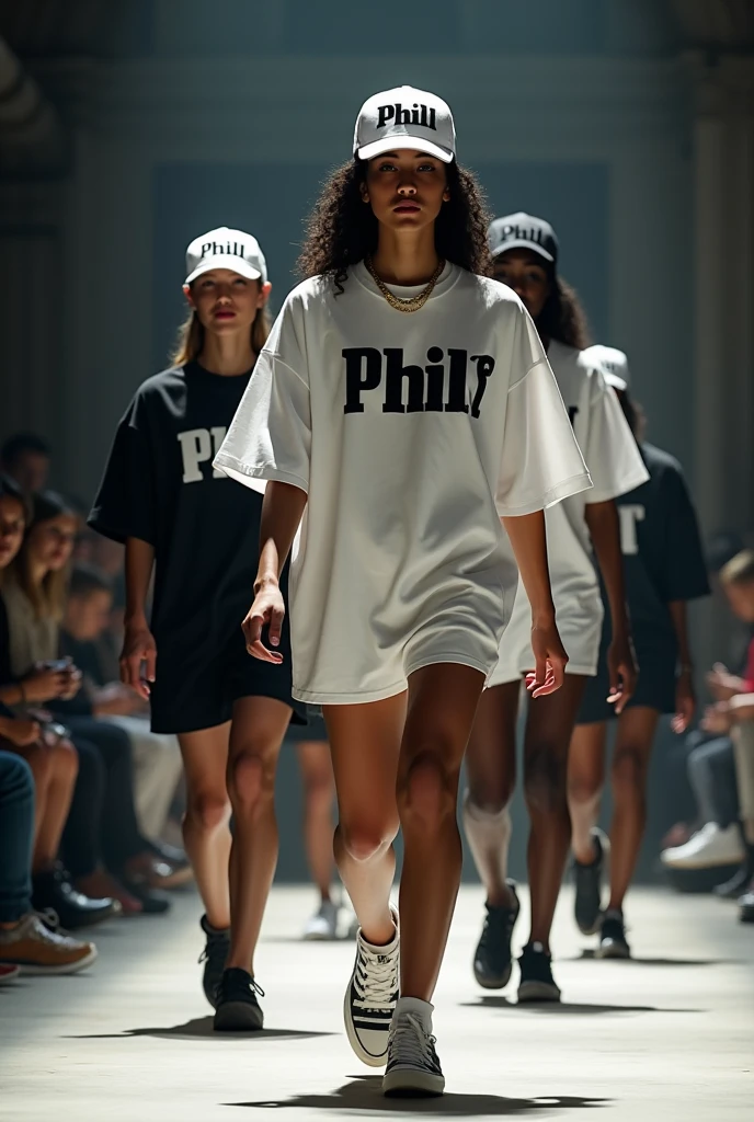 create a streetwear fashion show, put black and white models parading with oversized shirts and shorts and caps that say PHILL