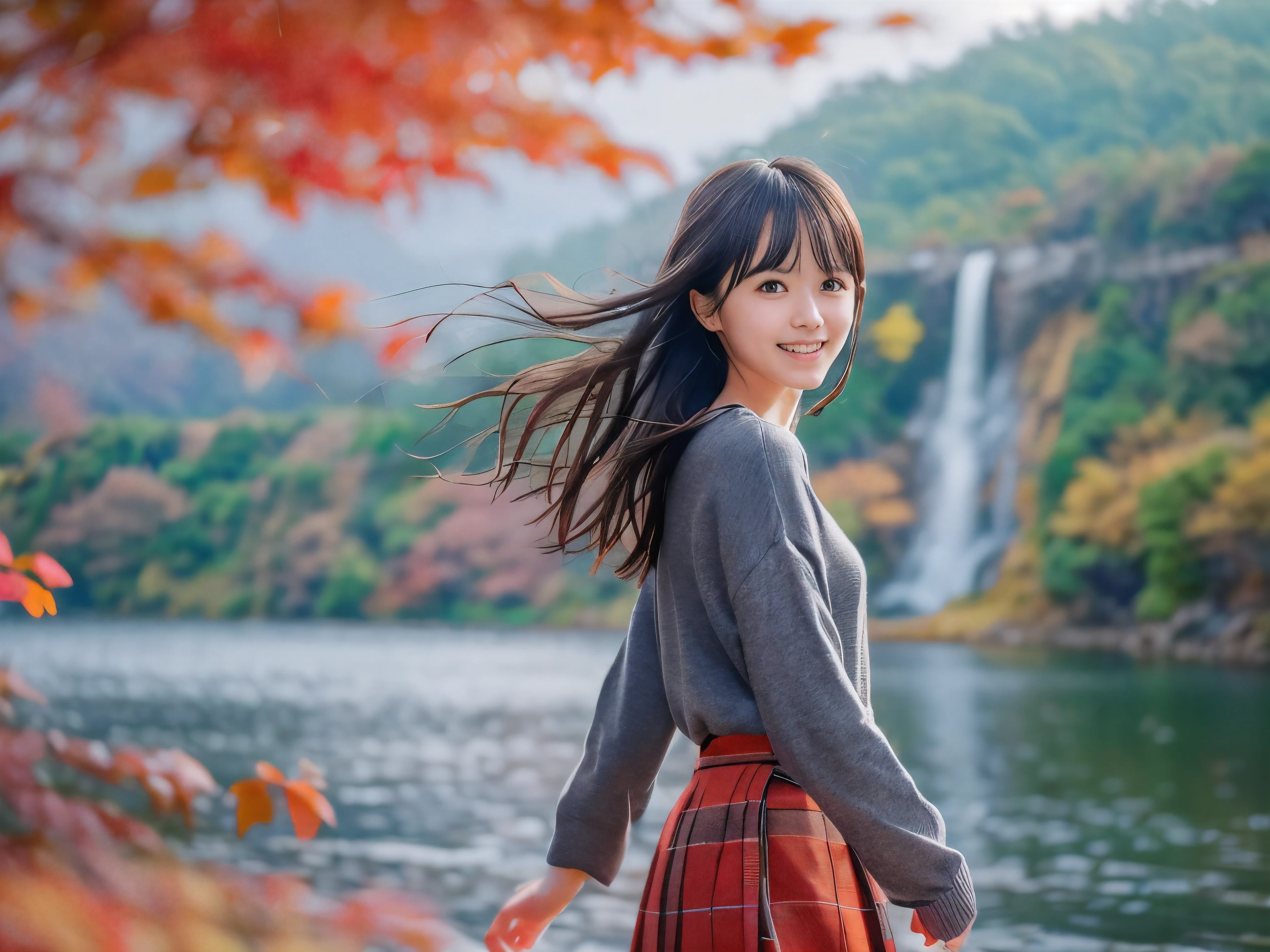 (Close up face shot of one slender small breasts dark silver long hair with swept bangs girl in a long sleeves shirt and sweater and skirt:1.5)、(One girl is dancing with happy smile on the dart road near the lake and big waterfall in Japan:1.5)、(Beautiful autumn red leaves landscape:1.5)、(Natural light:1.5)、(8k ultra detailed master piece:1.5)、(perfect anatomy:1.5)、(Photorealistic stick:1.5)、(Raw photo:1.3)、(highest quality:1.5)、(High resolution:1.3)、(Delicate and beautiful perfect face:1.3)、(Delicate and beautiful eye air skin:1.3)、(Real Human Skin:1.3)、((thin legs))