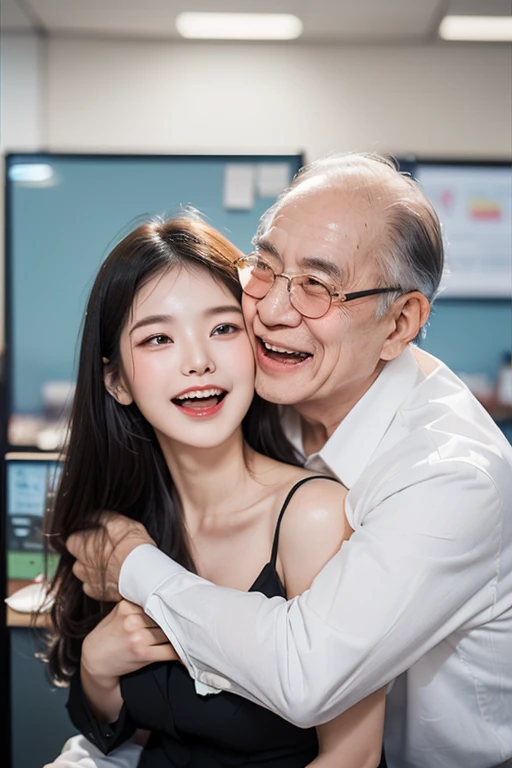 (((70 years old korean ugly man and 1 korean young girl couple))), {1 korean girl, 20-year-old, strikingly beautiful, black hair, big breasts, delicate facial features, red lips, expressive eyes, brightly smile, eyes hook the soul seduces you, sitting on the chair, ((girl wearing business suit ))}, (((70 years old korean man wearing business suit))), (((((70 years old korean man hug on young girl's chest and laughing)))), (young girl kiss old man), focus on 70 years old korean man, (office background:1.5),(((Blur the background:1.5))),
