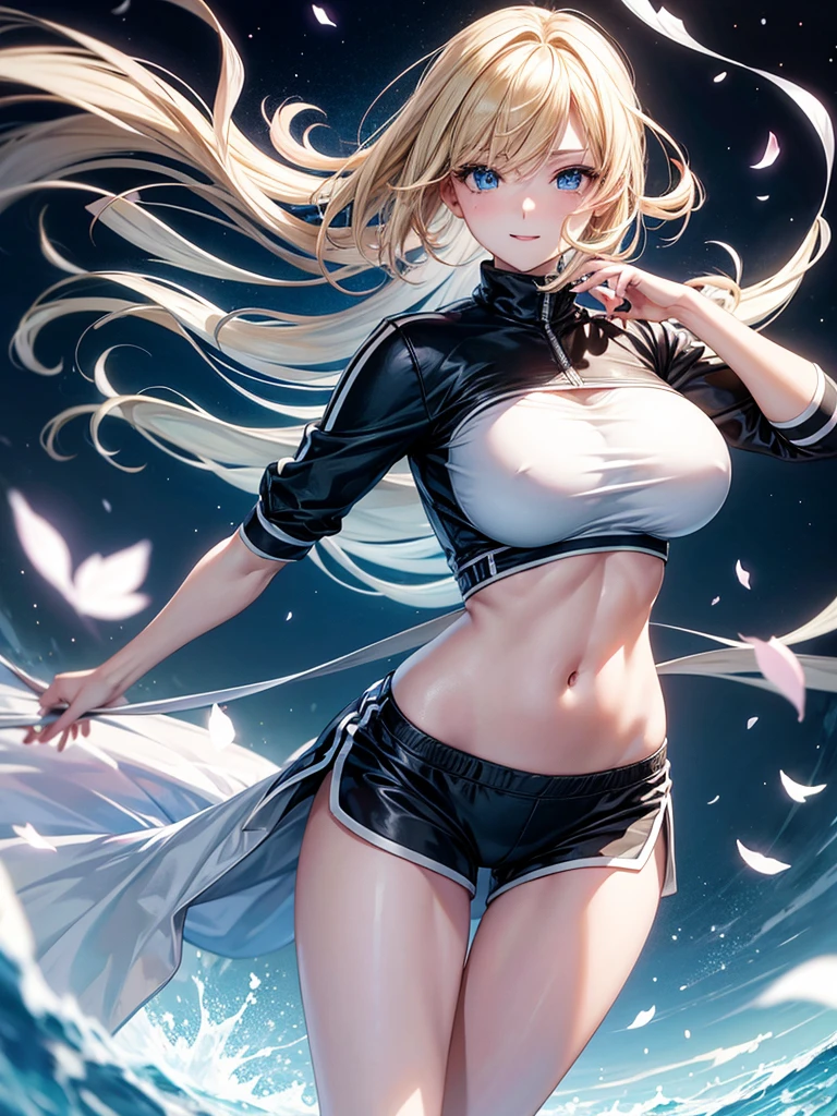 Anime style, super fine illustration, highly detailed, beautiful detailed, pale tone image, static representation, gentle expression, 8k, pretty 1girl with blonde straight short hair & blue eyes & a bright smile & huge breasts & soft fair skin is wearing the black skportswear  & sportshorts & sportsjaket in the park, in the morning, in the brilliant particles of lights, romantic stories, solo, perfect 5fingers, perfect arms, perfect legs, masterpiece.