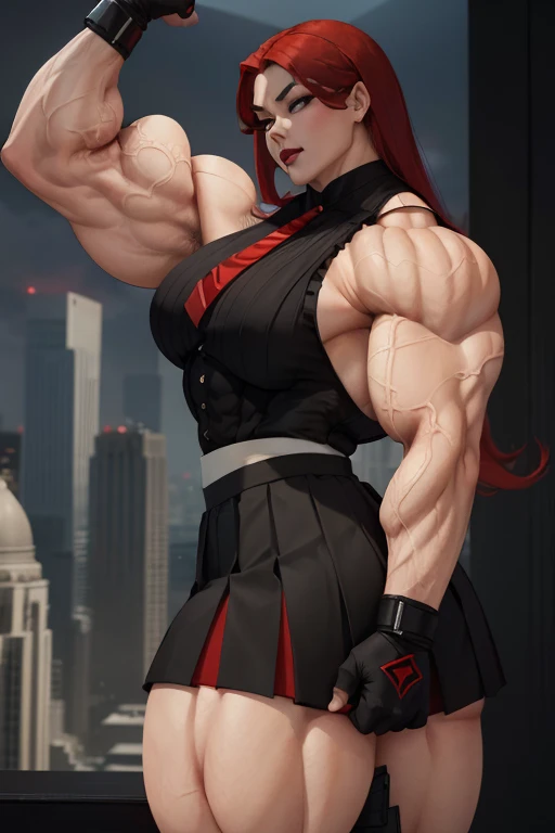 ((Close-up)), tall, (red hair) beautiful muscular asian woman, long hair, pale white skinned, closed smile, (black lipstick), (massive muscles), (hyper muscle), (ginormous bulky muscles), yellow eyes, (((sleeveless red pleated shirt))), ((long black pleated skirt)), (fingerless gloves), (flexing biceps), necktie, boots, on a skyscraper, 