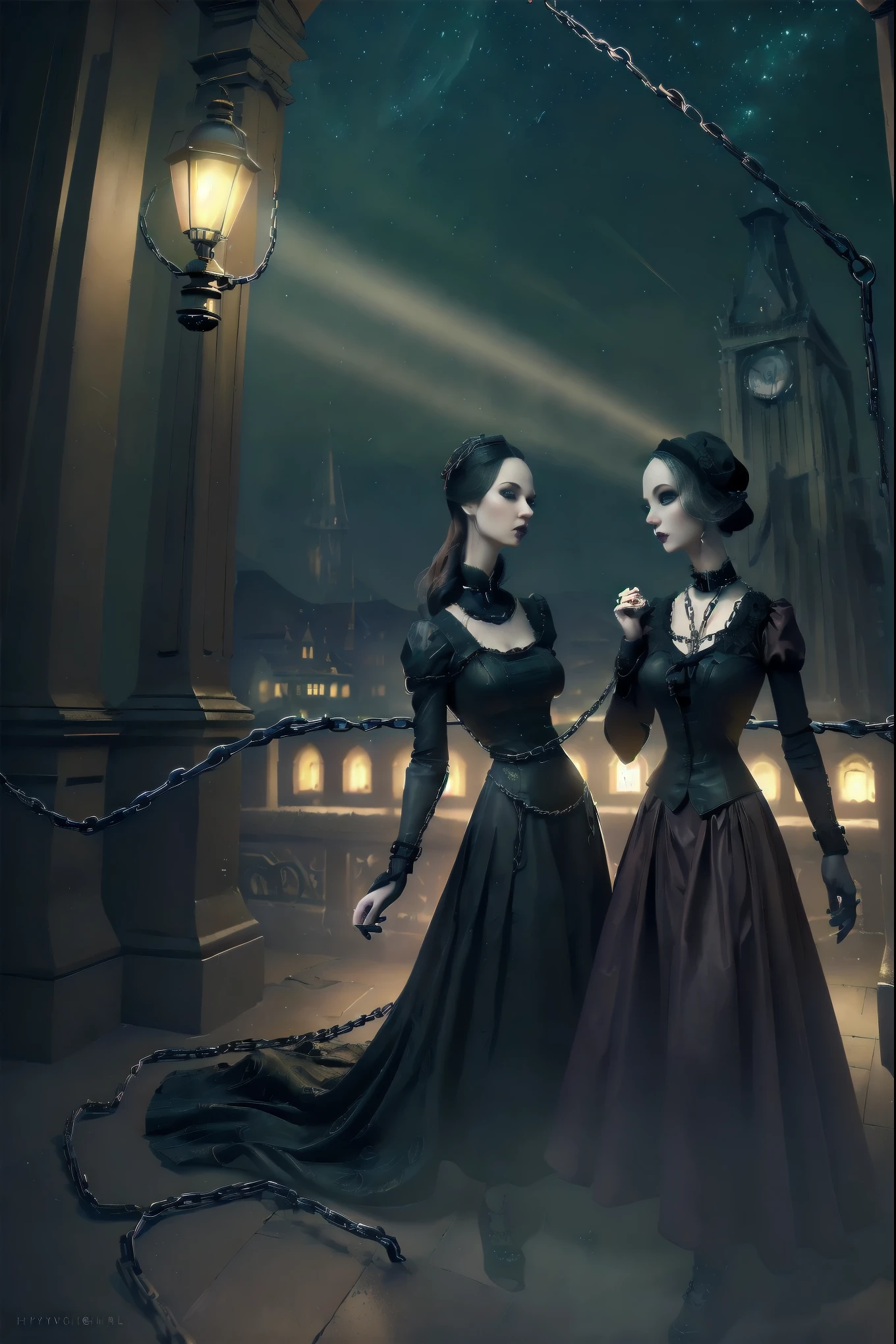 (a straight anime couple: 1.5, dark style, large eyes, Small pieces, fluffy black fur), (dark gothic, Victorian Gothic Steampunk Style, with hands clasped, chains:1.5), Dark, ambiente oscuro con decoraciones de calaveras 32K, Fairy tale: 1.4, camera cut: 1.4, ((dream atmosphere, soft light and magic:1.3)), ((imaginative scene)),((perfect, meticulously detailed.:1.3)), ((full shot: 1.4)), ((Best Quality)) , ((masterpiece)), 3D, (hyper detailed: 1.3), ((epic landscape: 1.3)), ((night background: 1.3 ))), (((the night:1.2))), (photorealistic: 1,4), ((Frontal camera)),( (Low light night cinema lighting: 1,2)). 32K.