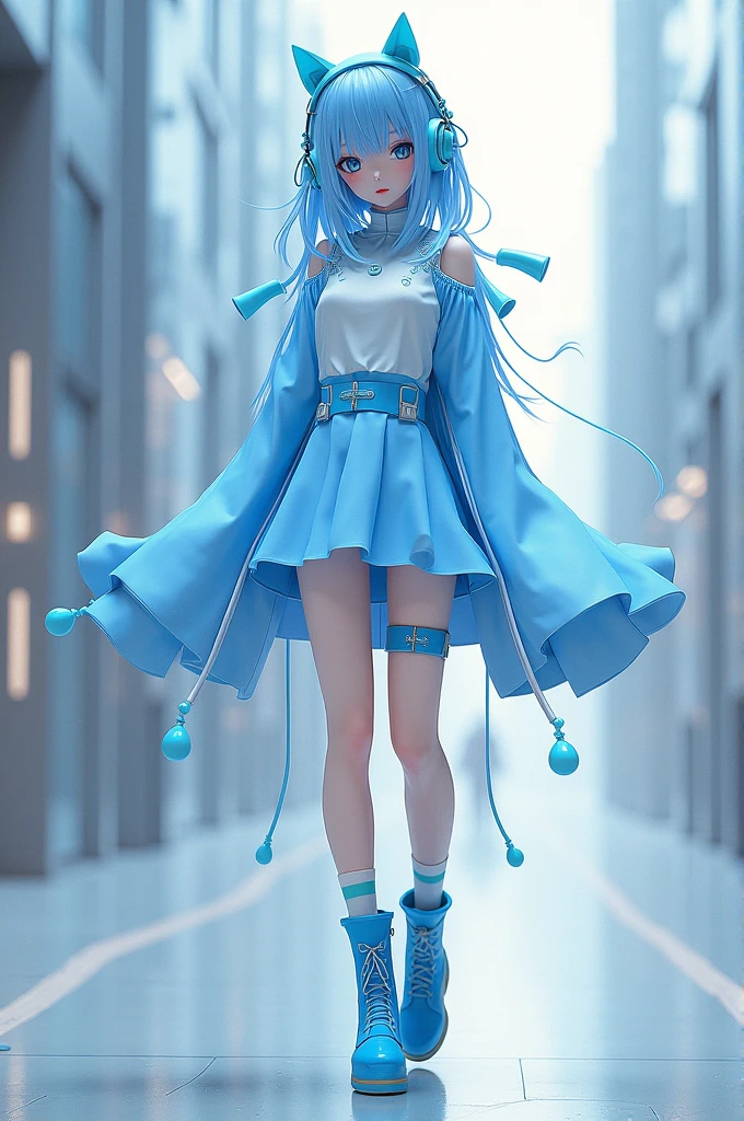 Female ai character with blue hair, light blue and white shirt, with light blue skirt, sky blue and white socks, White skin, sky blue boots, sky blue headphones.