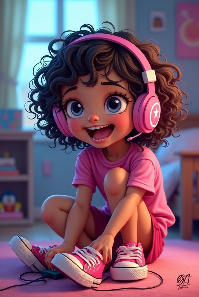 A girl between 6 and , short curly hair, play game style, with a skirt, pink All Star shoes and headphones.
