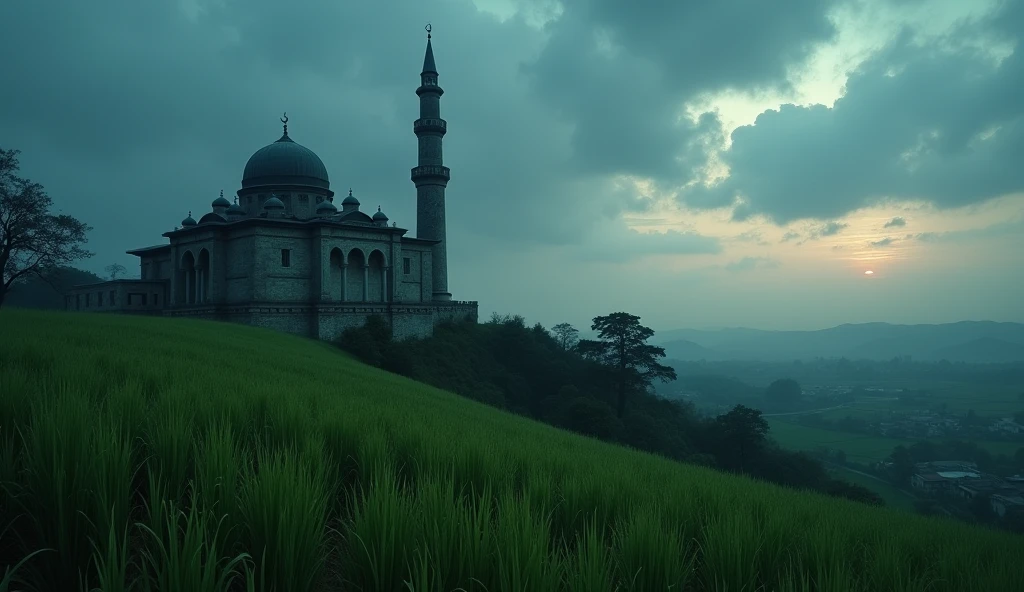 (Islamic horror story title : Shadows in the third part of the night)
Scene 1: Mosque on the Hill - Setting and Atmosphere : Picture of an old mosque with ancient architecture standing majestically on a hill. The darkening twilight sky should be visible with low clouds adding to the calm and peaceful atmosphere.. The vast expanse of rice fields in front of the mosque should be part of the background..
- Main Elements : Mosques should be the main focus, with clearly visible architectural details. The rice fields and the twilight sky must support the surrounding atmosphere..