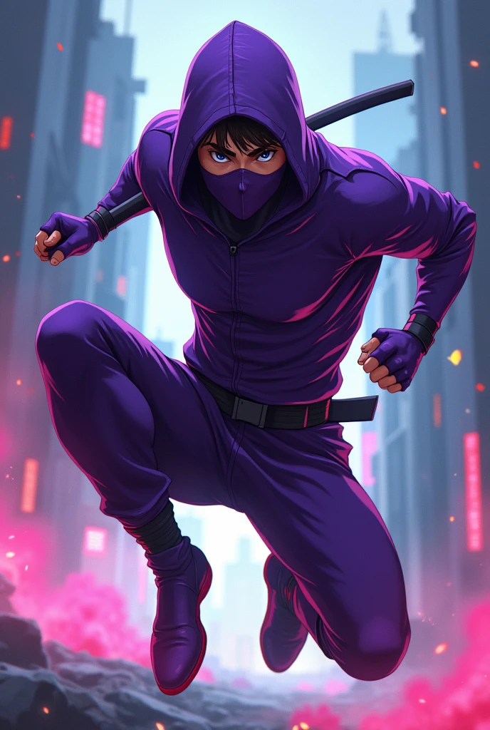 A male gamer ninja in purple clothes,anime styling