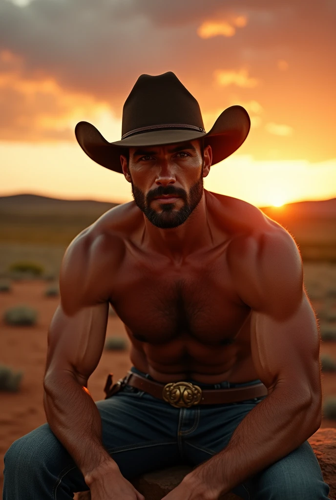 a handsome Hairy Chest cowboy man sitting shirtless on his ranch, extremely detailed facial features, beautiful eyes, detailed lips, chiseled muscular body, ranch landscape, sunset sky, golden hour lighting, cinematic composition, photorealistic, (best quality,4k,8k,highres,masterpiece:1.2),ultra-detailed,(realistic,photorealistic,photo-realistic:1.37)