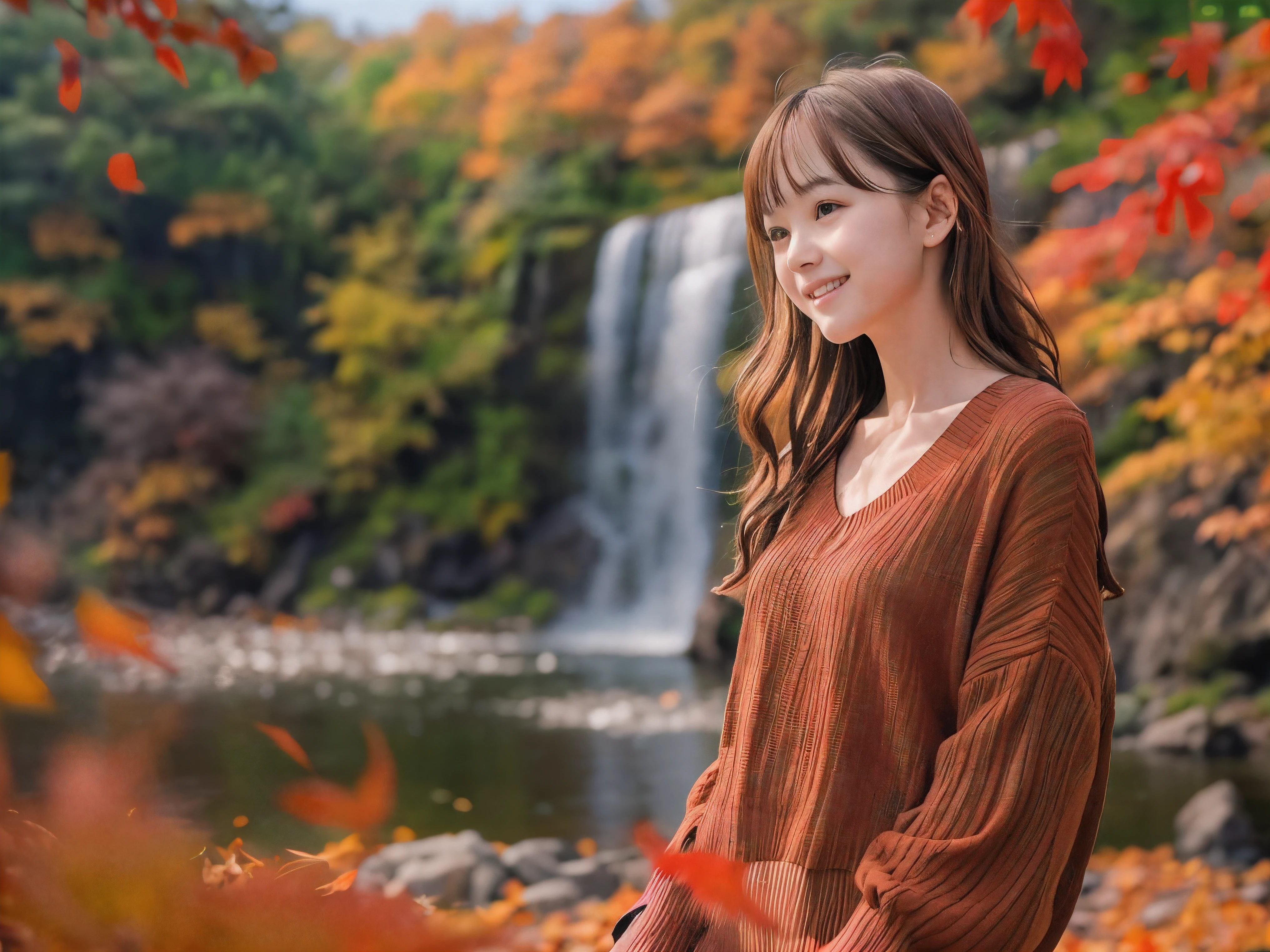 (Close up face shot of one slender small breasts red brown wavy long hair with dull bangs girl in a autumn fashion shirt and sweater and skirt:1.5)、(One girl is dancing with happy smile on the dart road near the lake and big waterfall in Japan:1.5)、(Beautiful autumn red leaves landscape:1.5)、(Natural light:1.5)、(8k ultra detailed master piece:1.5)、(perfect anatomy:1.5)、(Photorealistic stick:1.5)、(Raw photo:1.3)、(highest quality:1.5)、(High resolution:1.3)、(Delicate and beautiful perfect face:1.3)、(Delicate and beautiful eye air skin:1.3)、(Real Human Skin:1.3)、((thin legs))