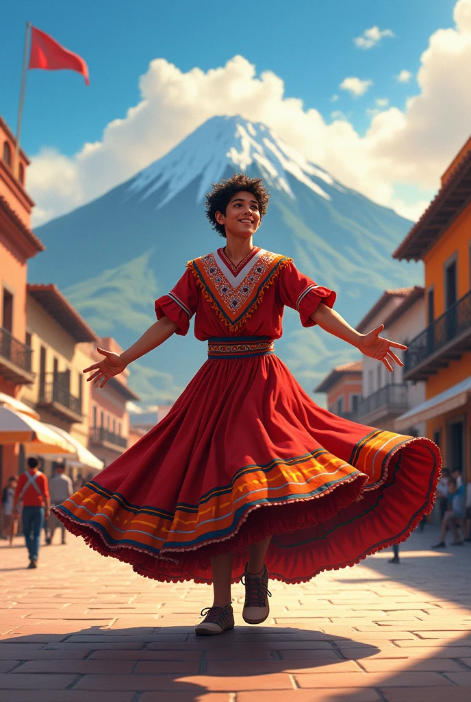 A drawing of a 20-year-old boy with light brown eyes dancing the folkloric dance of Arequipa with the main square behind him and the Misti volcano in the middle with the sun illuminating it.