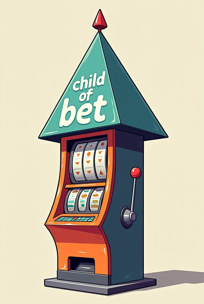 a triangle, On top of that it says "CHILD OF BET" in white. head on, a LARGE cartoon-type triangular slot machine