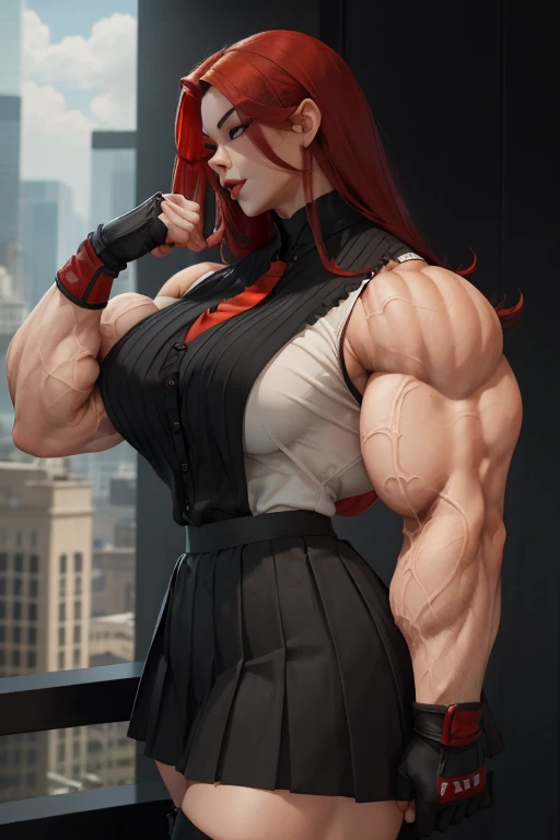 ((Close-up)), tall, (red hair) beautiful muscular asian woman, long hair, pale white skinned, closed smile, (black lipstick), (massive muscles), (hyper muscle), (ginormous bulky muscles), yellow eyes, (((sleeveless red pleated shirt))), ((long black pleated skirt)), (fingerless gloves), necktie, boots, on a skyscraper,
