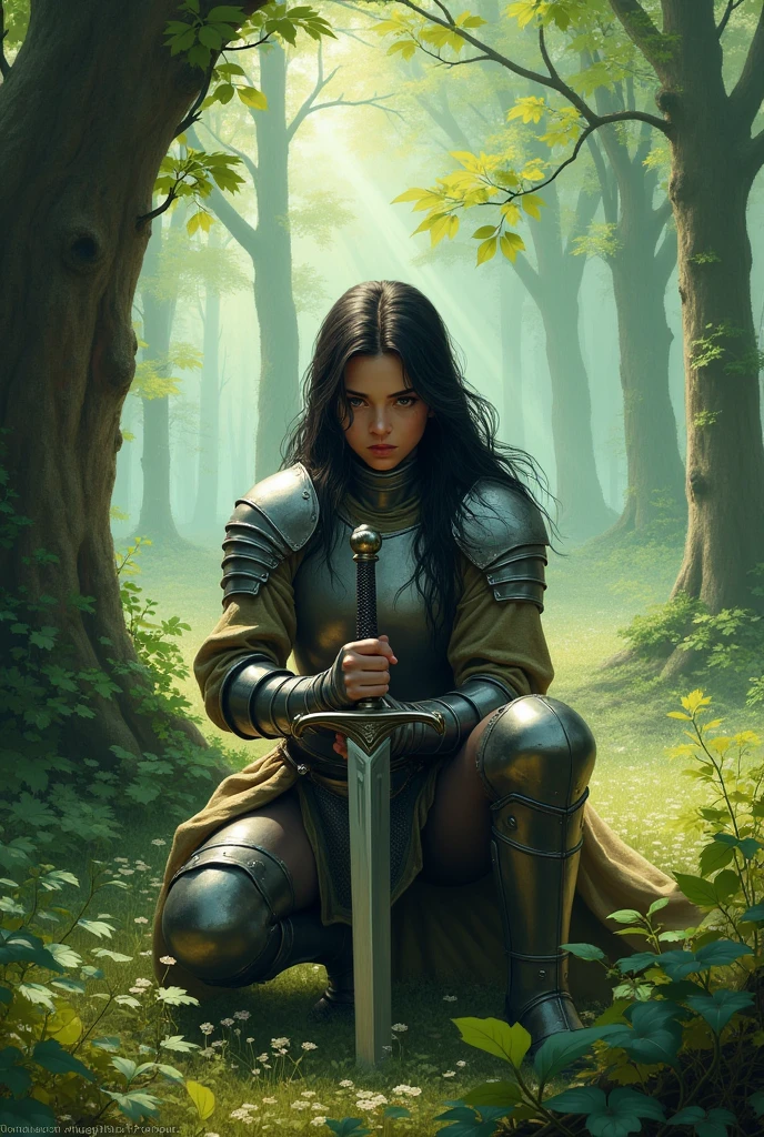 /imagine prompt: A digital painting of the young female warrior, still in her silver armor, crouching in a defensive position, holding her sword in front of her. The serene forest setting is constant, with tall ancient trees and soft light filtering through the leaves. Her long black hair is slightly tousled, expression focused. The forest background remains unchanged with a subtle green glow. Created Using: high-detail brushwork, Renaissance painting style, soft shadows, diffused lighting, warm color palette, realistic texture, detailed foliage, high-resolution render --ar 2:3 --v 6.0