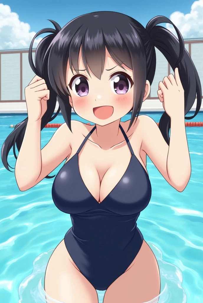 cute, girls, elementary school students, black hair, twin tails, dark blue school swimsuit, medium bust, smile, shiny skin, exposing breasts, nipple, erotic, horny, nfsw