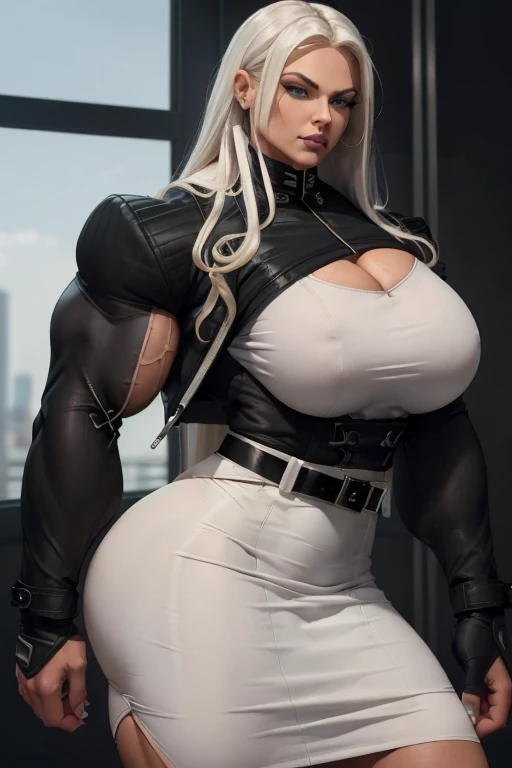 ((Close-up)), tall, (White hair) beautiful muscular business woman, long straight hair, brown skinned, closed smile, (black lipstick), (massive muscles), (hyper muscle), ((ginormous bulky muscles)), blue eyes, ((((black double breasted jacket)))), ((((white business top)))), (((pencil skirt with belt))), (fingerless gloves), neck tie, in airport,