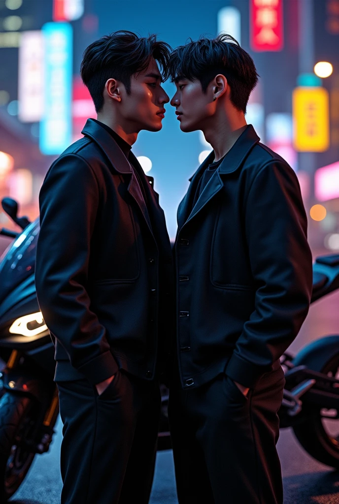 Photorealistic image of Kim Taehyung and Jeon Jungkook against the backdrop of a night city. They look at each other with passion and desire in their eyes.. Behind them stands a black sports motorcycle.. Both guys are wearing black clothes.