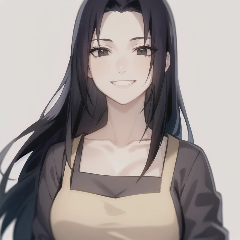 1girl, solo, long hair, black hair, apron, looking at viewer, shirt, sidelocks, black eyes, smile, portrait,collarbone, white background, shirt, exposed breasts