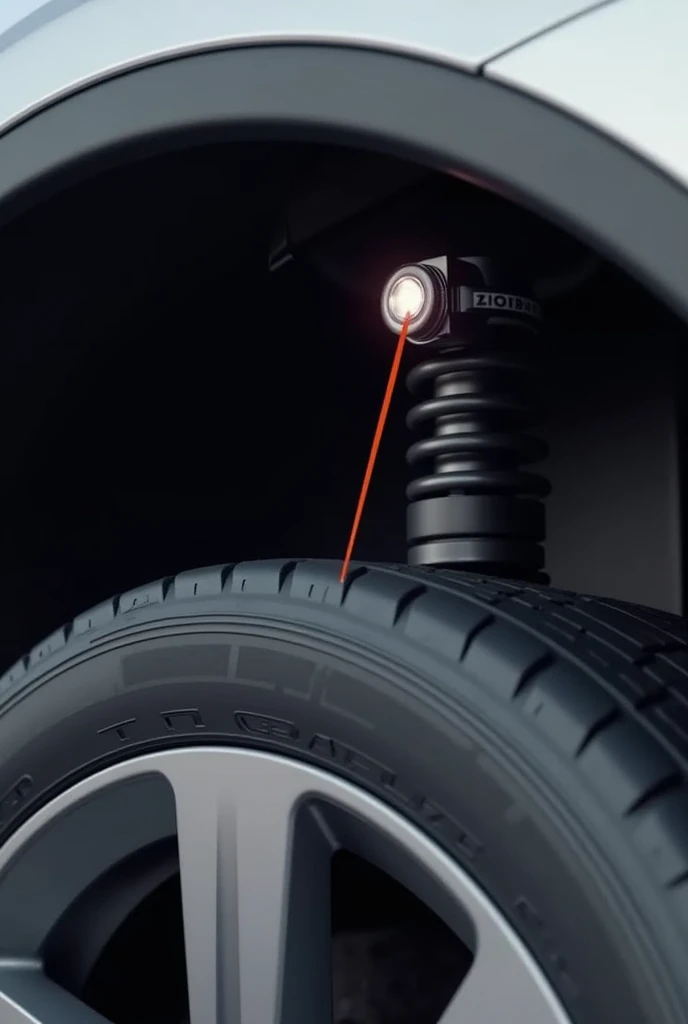 Image of a laser sensor inside the wheel arch of a vehicle. The laser is pointed at the grooves in the tire to measure tire wear. Make the sensor small, attached to the top of the vehicle's suspension, but in such a way that it doesn't interfere with the normal running of the vehicle.
