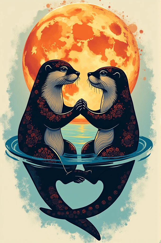 Tatoo idea, two otters floating on their backs, holding hands, tribal and geometrical, colorful, more silhoette, less tribal inside, add the environment or water, how about moonlight