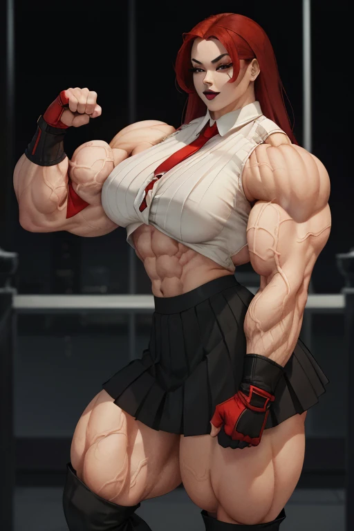 ((Close-up)), tall, (red hair) beautiful muscular asian woman, long hair, pale white skinned, closed smile, (black lipstick), (massive muscles), (hyper muscle), (ginormous bulky muscles), yellow eyes, (((sleeveless red pleated shirt))), ((long black pleated skirt)), (fingerless gloves), necktie, boots, on a skyscraper,