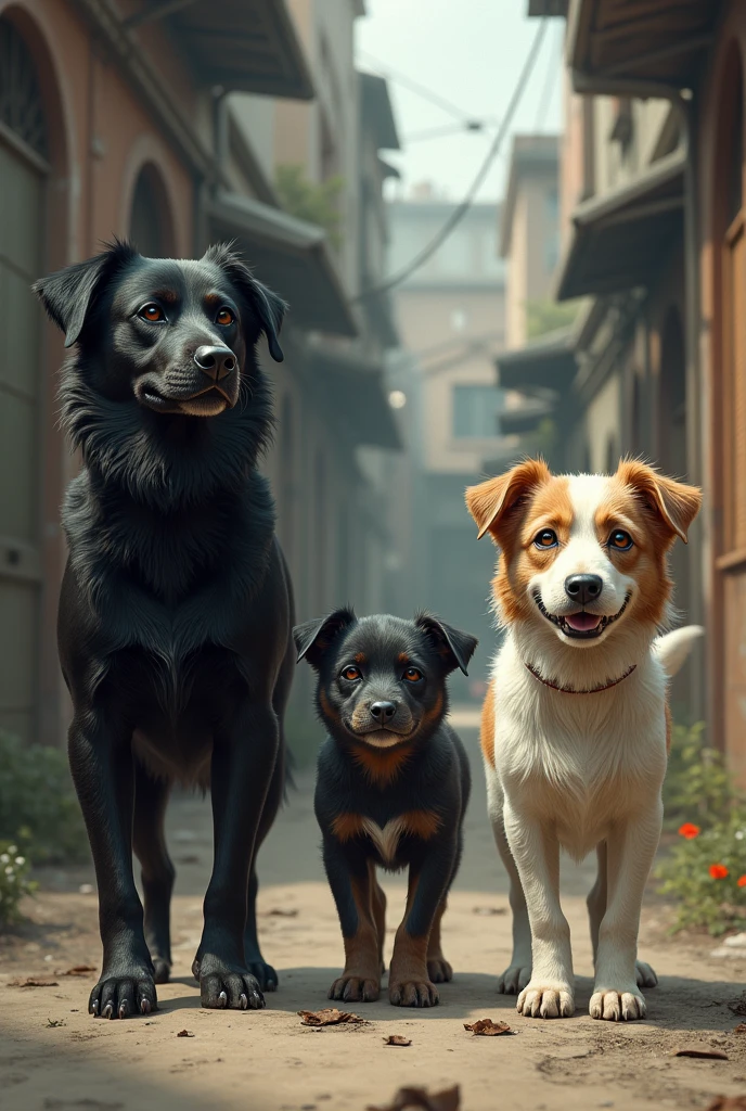 Three black Cofap dogs, vira lata preto, white and brown and tricolor shitszu  
