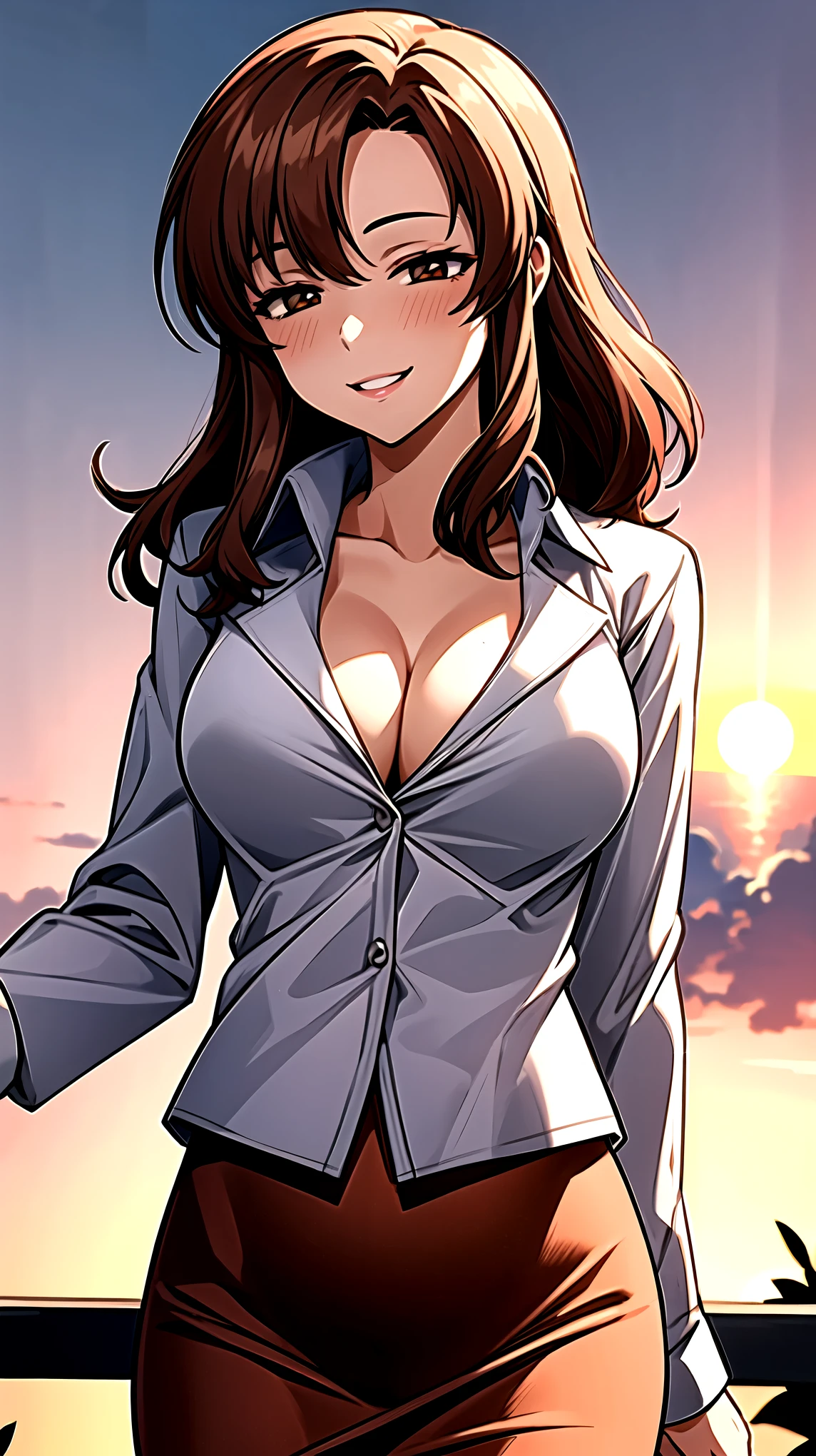 （（super high quality,Ultra-high resolution,16K,super masterpiece,Ultra HD ,Detailed shading,））On top of a hill lit by the setting sun,Sexy Mature,（（A pink shirt with a tight standing collar,Cleavage,））,Red pencil skirt,Looking into the camera,Brown medium long hair,A kind smile,blush,Thick lips,