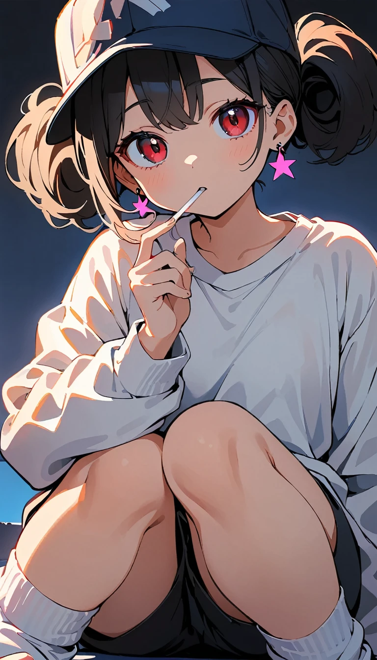 (high quality, 8k, 4K, High Contrast, masterpiece:1.2, 最high quality, Best aesthetics), (Dynamic Angle), ((1 female)),((Sitting on the ground facing forward)), , ((Plain and bright background)), ((Flat Color)), (Gray oversized sweatshirt), ((Black shorts)),(white super loose socks), Looking at the audience, Transparent Background, (Staring at me), Sleepy eyes, High Contrast, Contrasting colors, , Pale pink and blue lighting, ((Short Hair)) , (Tied Hair), Black Hair, Red eyes, Droopy eyes, (Narrow eyes), Small star-shaped earrings in both ears, bright eyeshadow,low angle shot, Baseball Cap,Smoking a cigarette