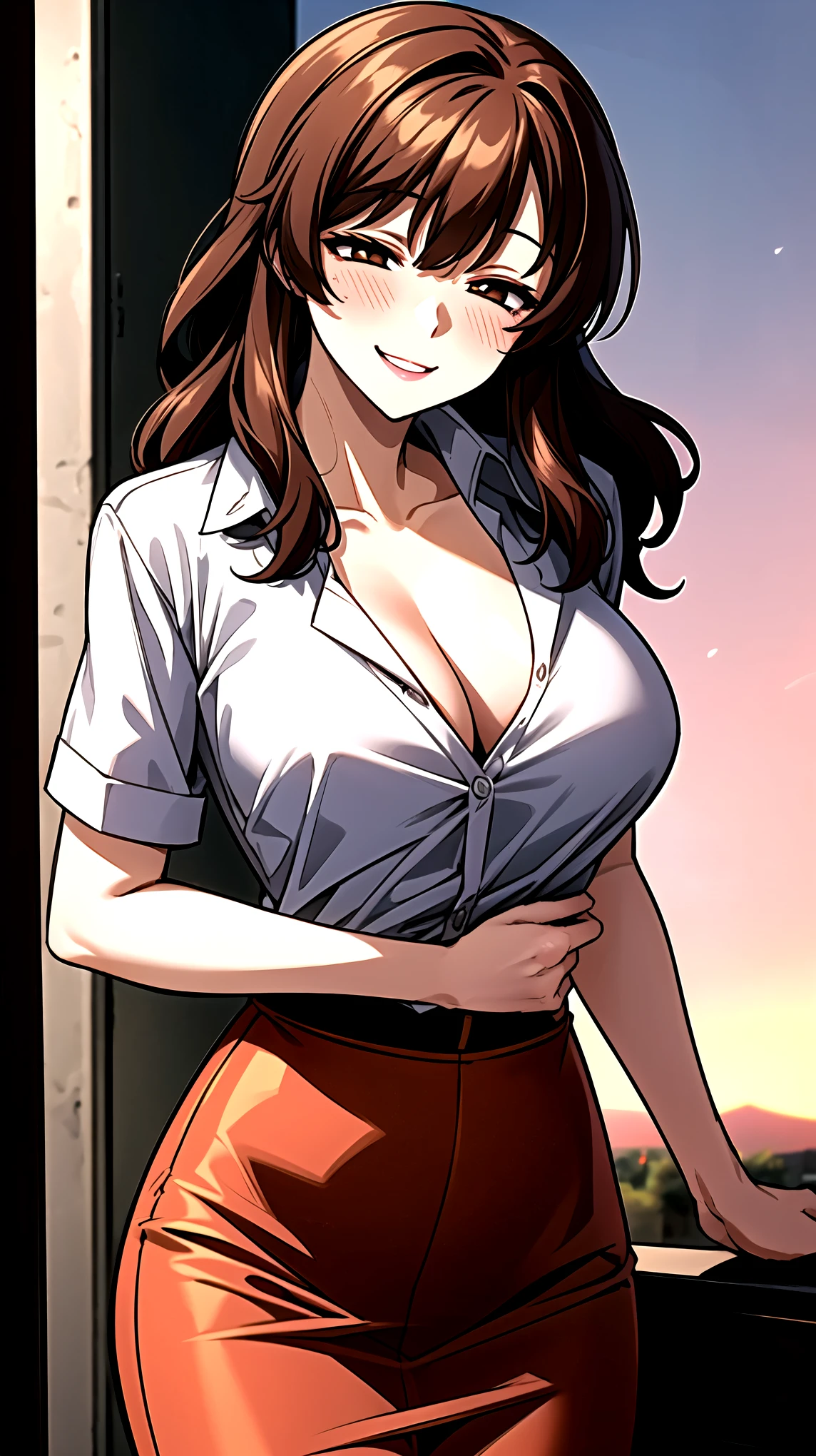 ((super high quality,Ultra-high resolution,16K,super masterpiece,Ultra HD ,Detailed shading,))On top of a hill lit by the setting sun,Sexy Mature,((A pink shirt with a tight standing collar,Cleavage,)),Red pencil skirt,Looking into the camera,Brown medium long hair,A kind smile,blush,Thick lips,