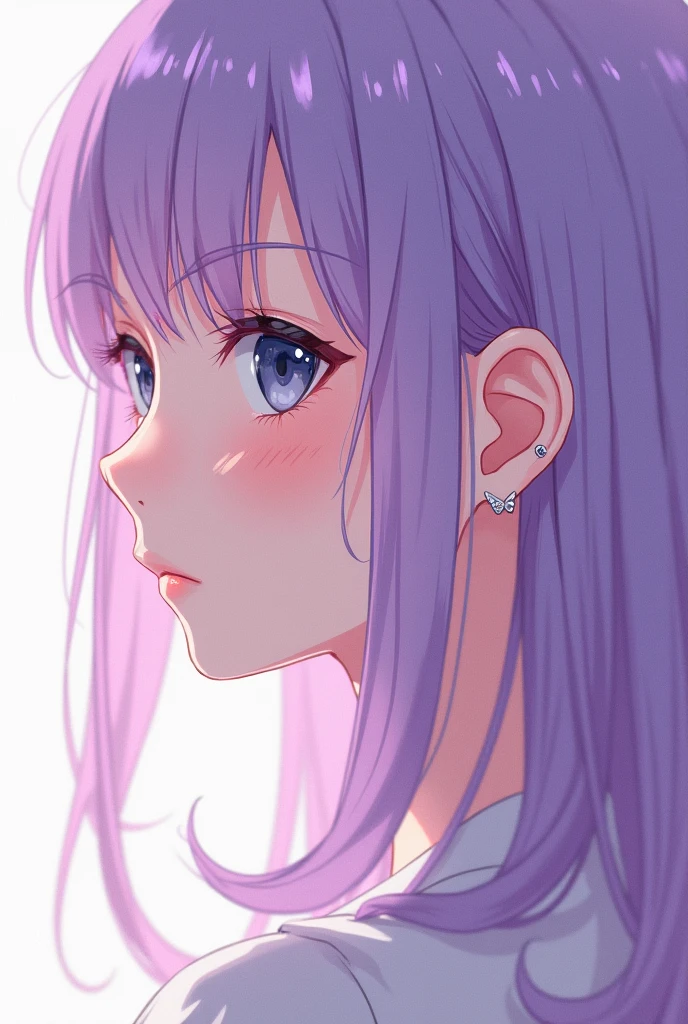 Anime girl with hair lila show a small piercing un the ear with form of butterfly hélix so shine and white of 5 mm (so small) in the ear