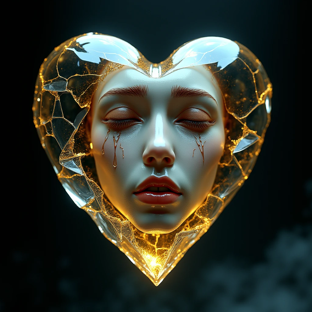 a broken heart made of glass and gold with a face in it crying