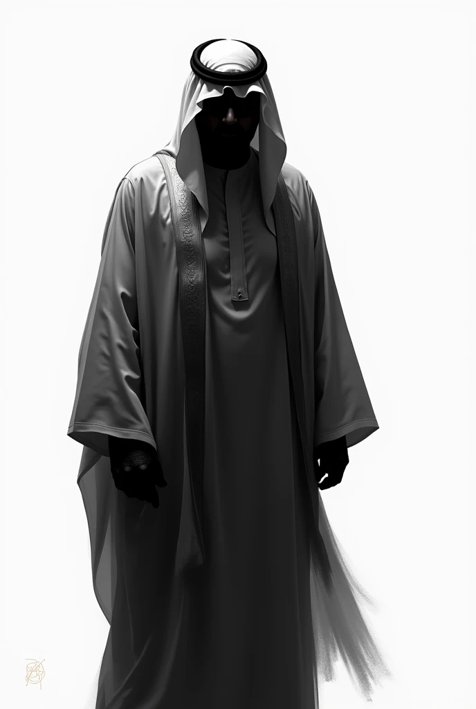 Arab man barely visible face black and white clothes looking at me