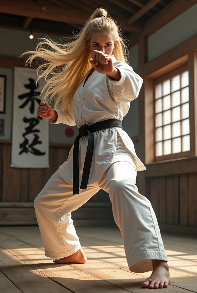 karate woman, blond hair, full size image