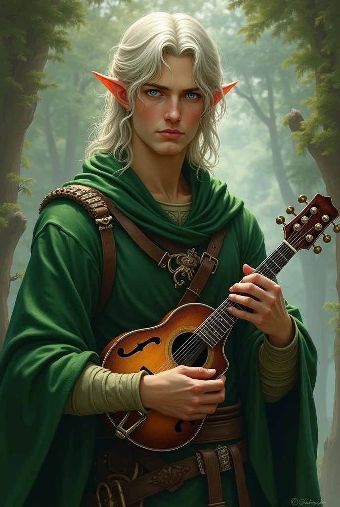Blonde elf shoulder length hair with green cape. blue eyes. He has a mandolin. serious countenance