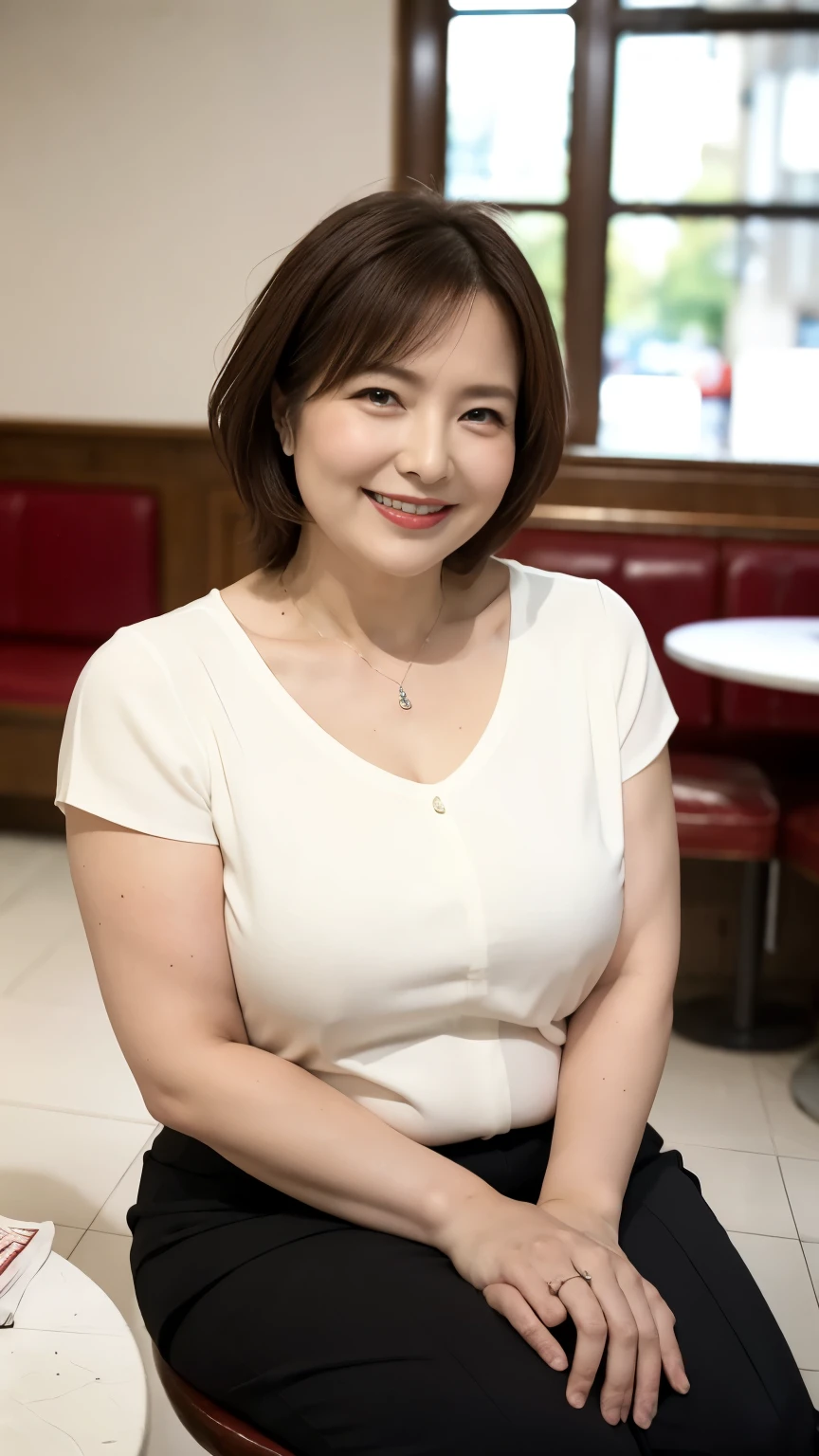 8k wallpaper, masterpiece, Highest quality, Very detailed, One Mature Woman, 50 years old, Become very clear, Wearing a short-sleeved knit, Skin dents, Captivating smile, Looking at the audience, No lapel microphone, Plump, Curvaceous, Attractive face, Smiling with teeth showing, I was happy, sitting in a cafe, Background Blur